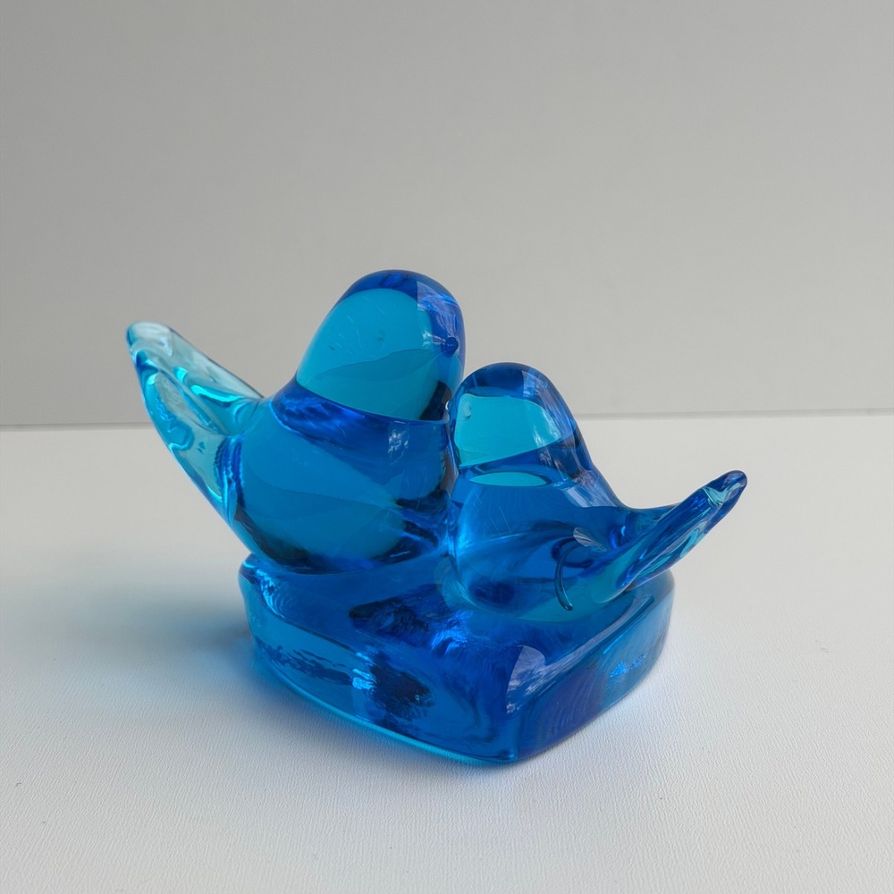Vintage Bluebird Titan Art Glass Figurine Handmade in USA Signed Lovebirds